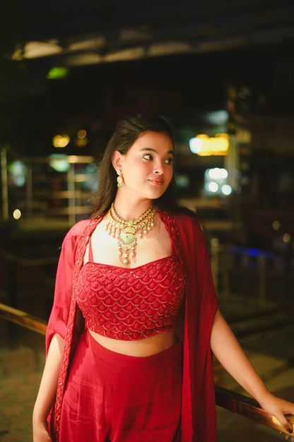Meher-e-Noor - Embellished Three Piece Cape Plazzo Set