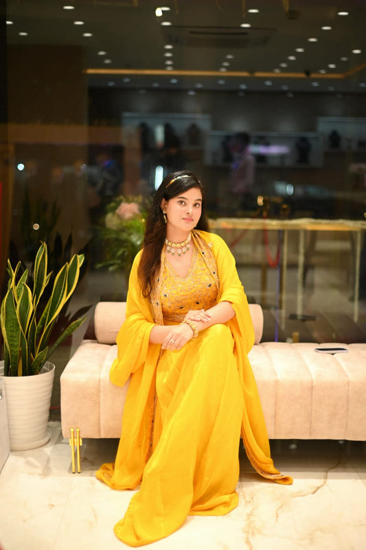 Meher-e-Noor - Yellow Crop Top with Draped Skirt