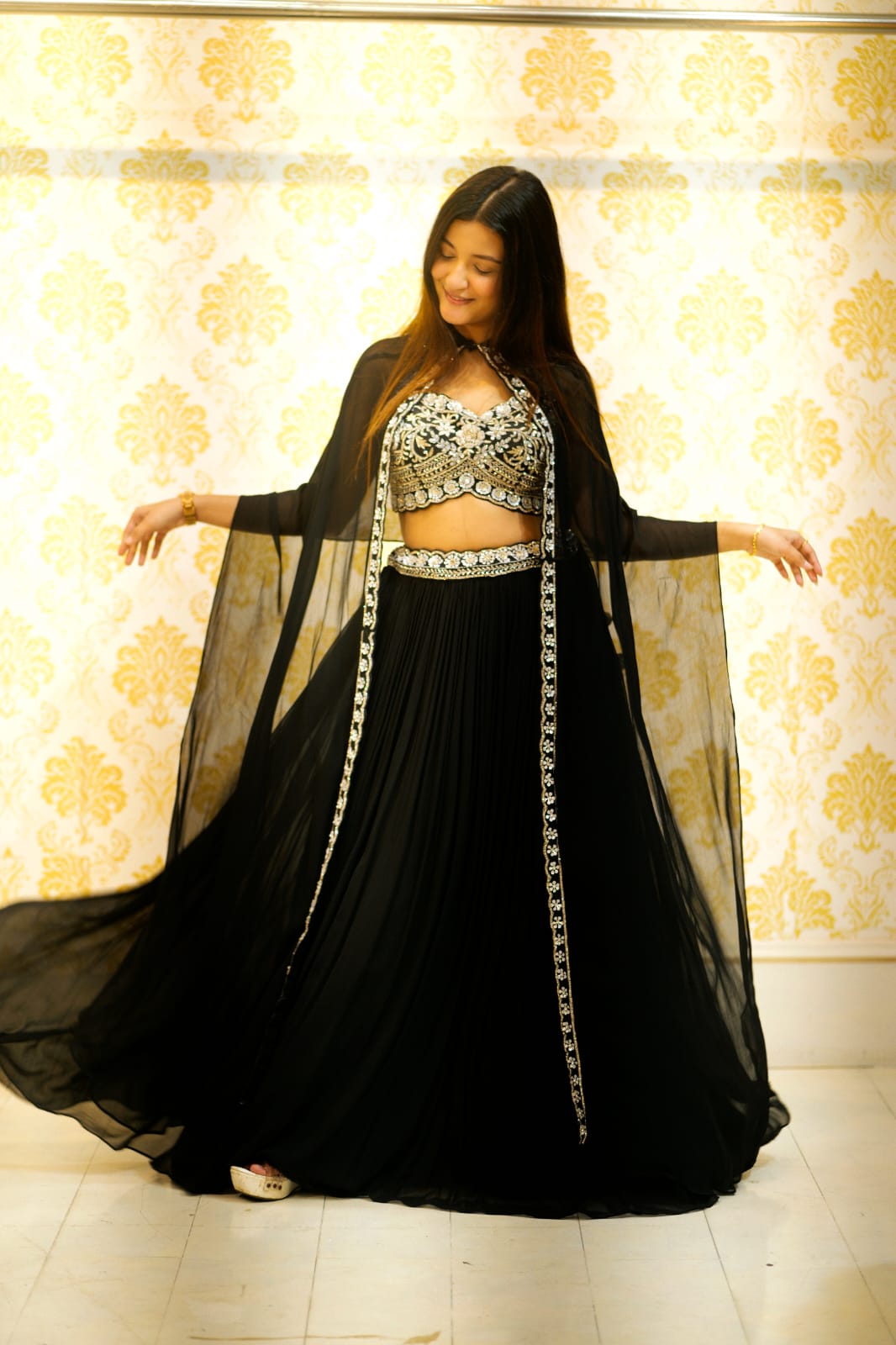 Raqs-e-Noor - Black Embroidered Lehenga Set with Sheer Cape