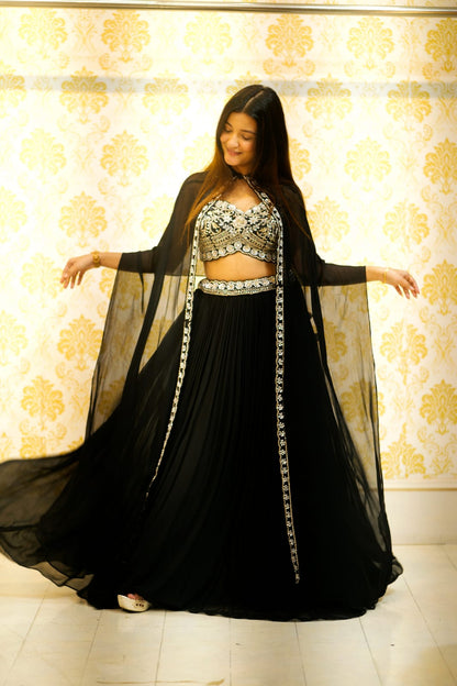Raqs-e-Noor - Black Embroidered Lehenga Set with Sheer Cape