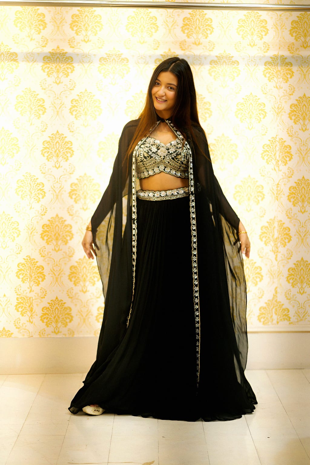 Raqs-e-Noor - Black Embroidered Lehenga Set with Sheer Cape