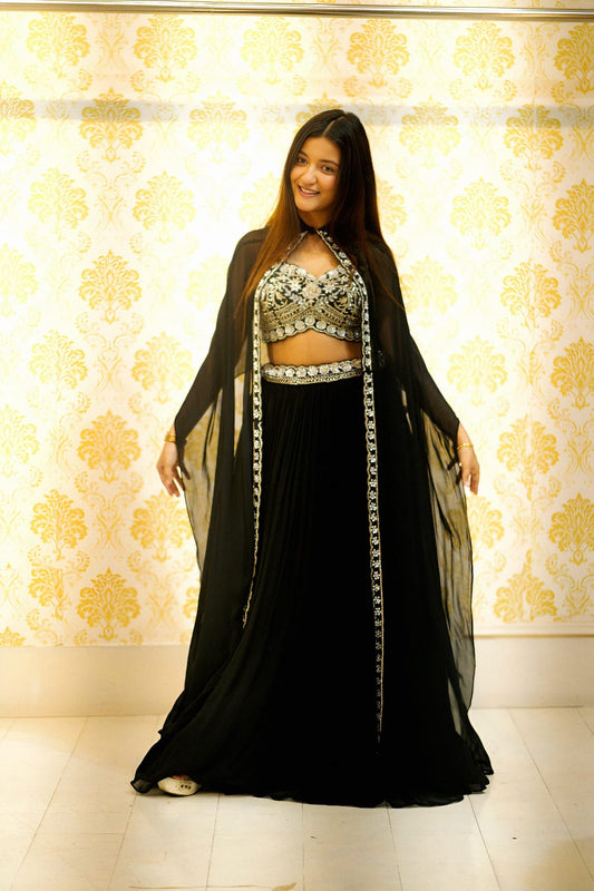 Raqs-e-Noor - Black Embroidered Lehenga Set with Sheer Cape