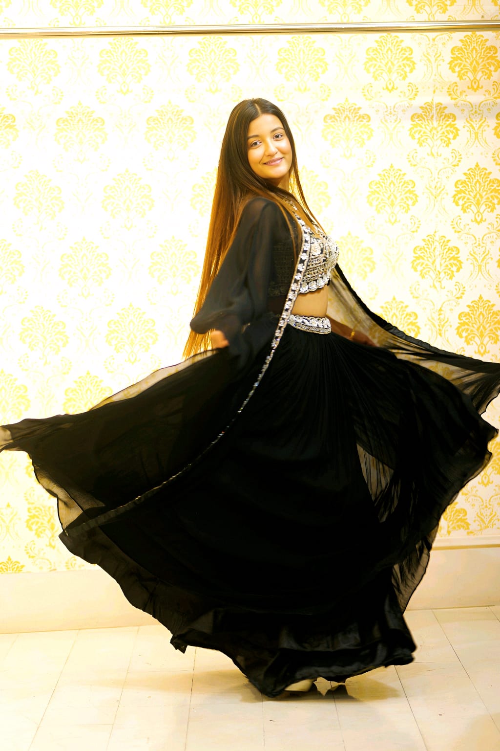 Raqs-e-Noor - Black Embroidered Lehenga Set with Sheer Cape