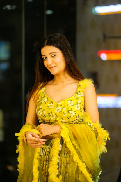 Raqs-e-Noor - Olive Green Floral Printed Lehenga