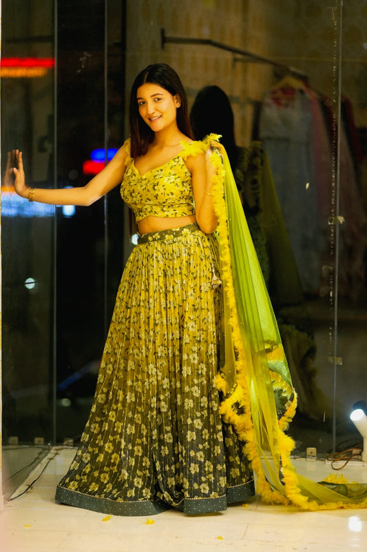 Raqs-e-Noor - Olive Green Floral Printed Lehenga