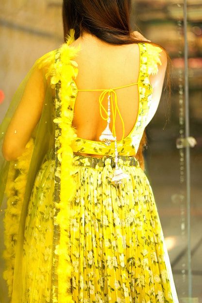 Raqs-e-Noor - Olive Green Floral Printed Lehenga