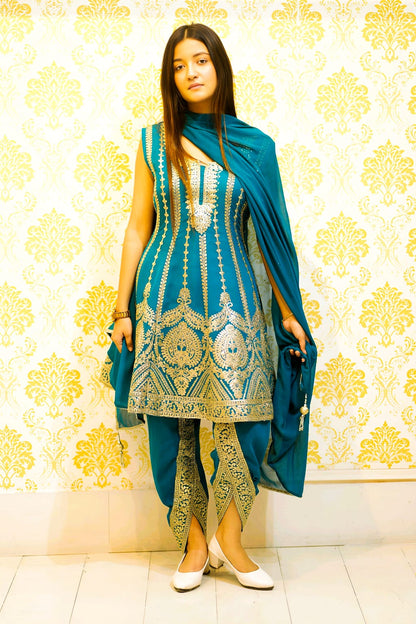 Zahra-E-Noor - Teal Blue Dhoti Salwar with Gota Pati Kameez Suit